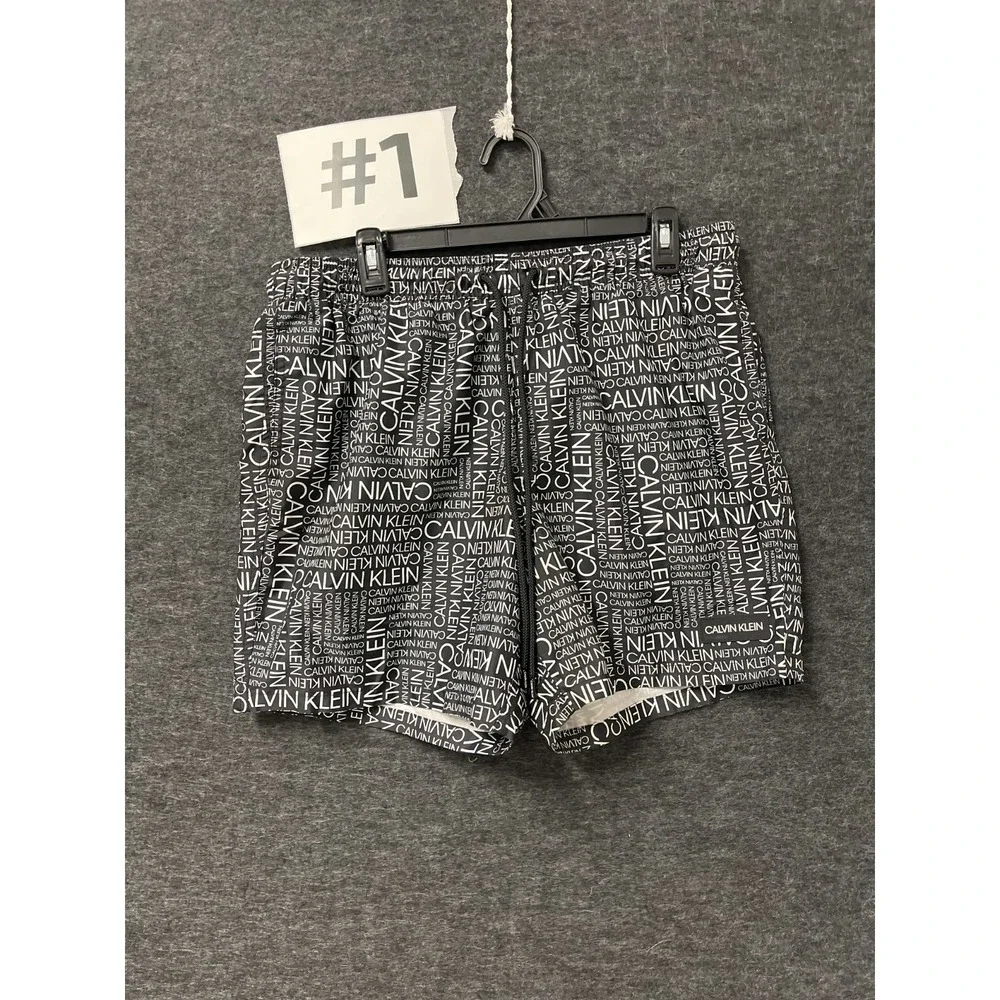Calvin‎ Klein Board Shorts Mens Large Black White Allover Logo Print Mesh Lined